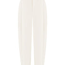 White DELEGAN pants displayed on a ghost mannequin, front view showing slim fit design and clean, modern style.