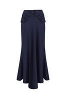 Midnight blue DELEGAN midi skirt displayed on a ghost mannequin, showcasing its elegant length and smooth fabric texture.