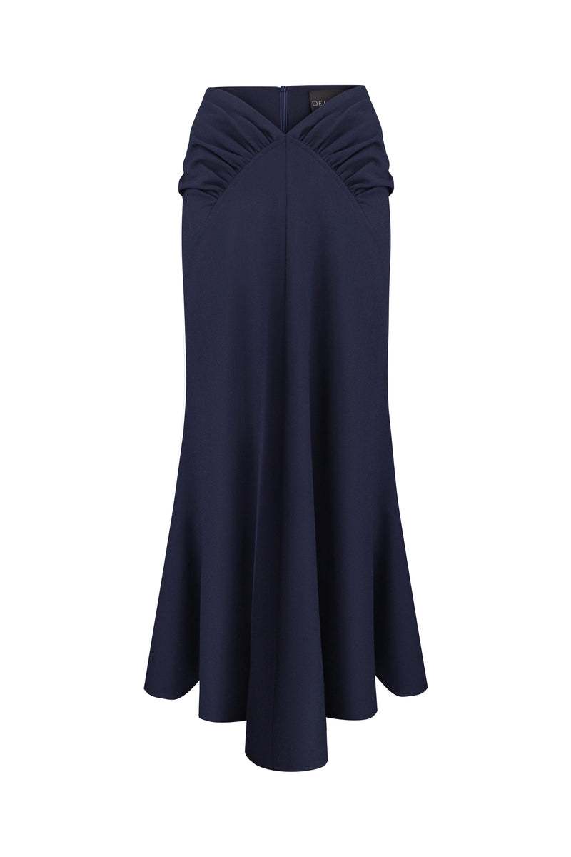Midnight blue DELEGAN midi skirt displayed on a ghost mannequin, showcasing its elegant length and smooth fabric texture.
