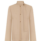 Nude gold long sleeve blouse by Delegan displayed on a ghost mannequin, showcasing a sleek, elegant design.