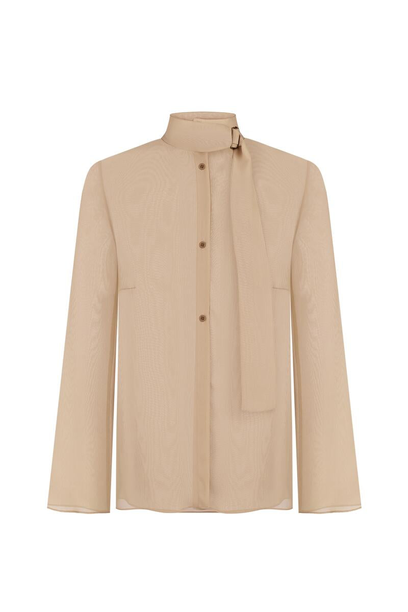Nude gold long sleeve blouse by Delegan displayed on a ghost mannequin, showcasing a sleek, elegant design.
