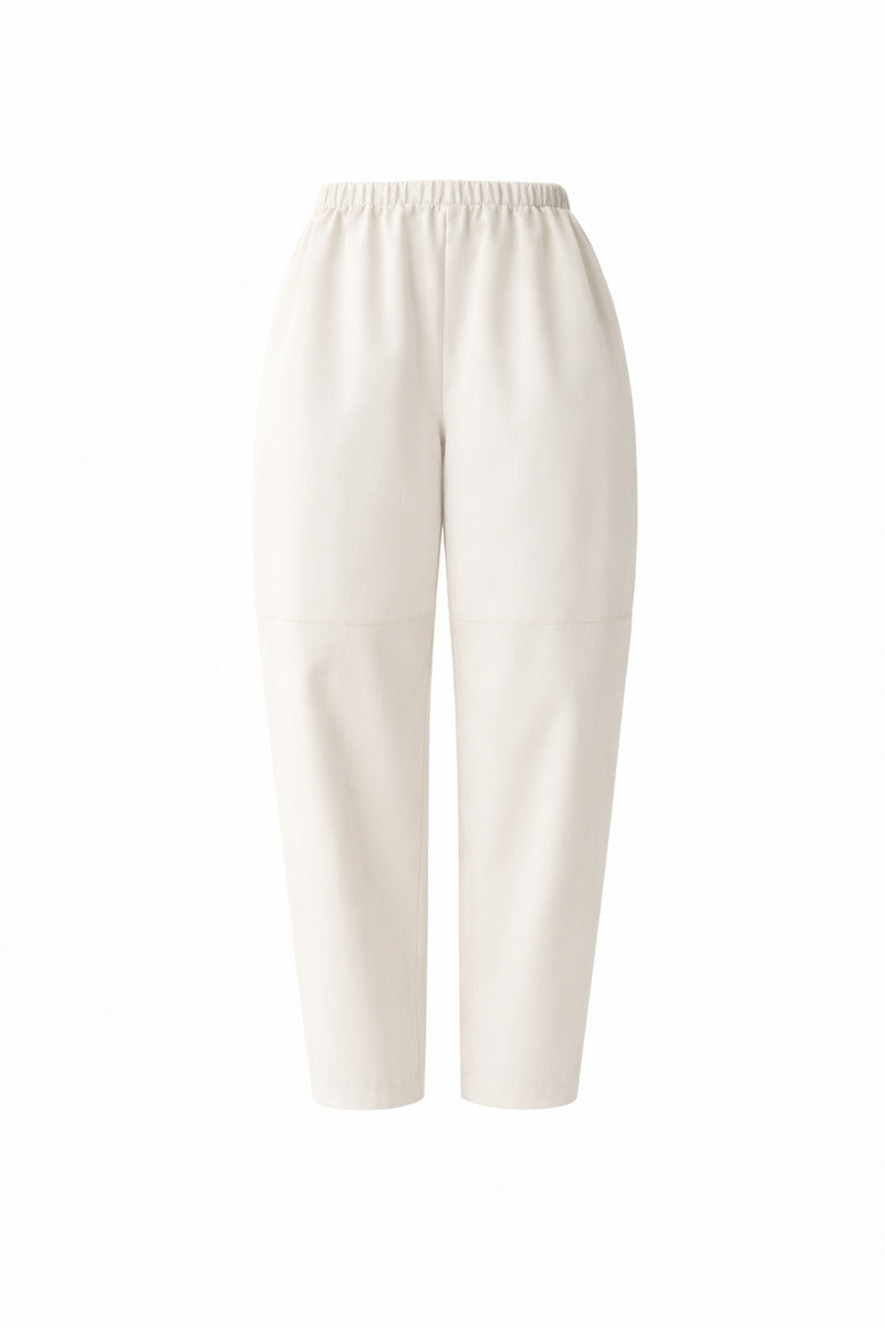 Gray-beige structure pants by DELEGAN displayed on a ghost mannequin, showing the fit and design details of the stylish pants.