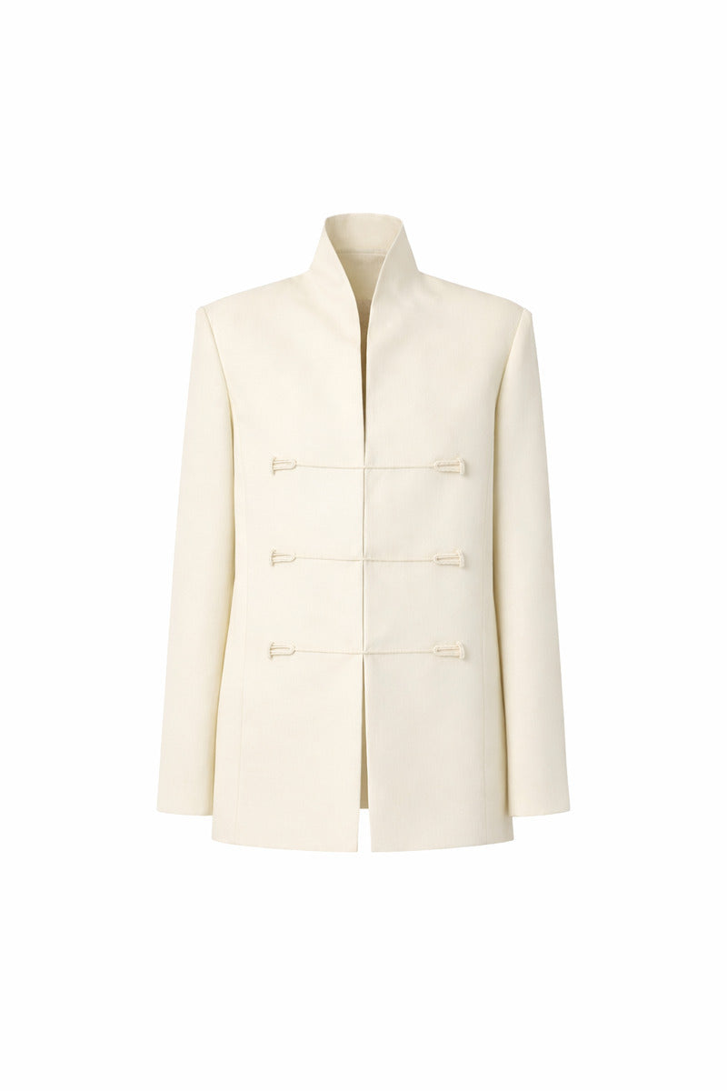DELEGAN STILL FORM blazer jacket displayed on a ghost mannequin, front view showcasing tailored fit and classic style.