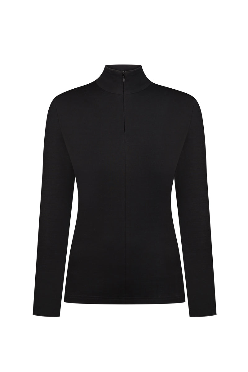 Black Coal Long Sleeve Top by DELEGAN displayed on a ghost mannequin, showcasing the fitted style and soft fabric details.