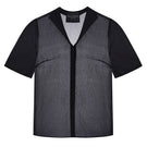 Black shirt with white edging on a ghost mannequin, stylish men's DELEGAN shirt with contrasting trim.