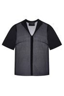Black shirt with white edging on a ghost mannequin, stylish men's DELEGAN shirt with contrasting trim.