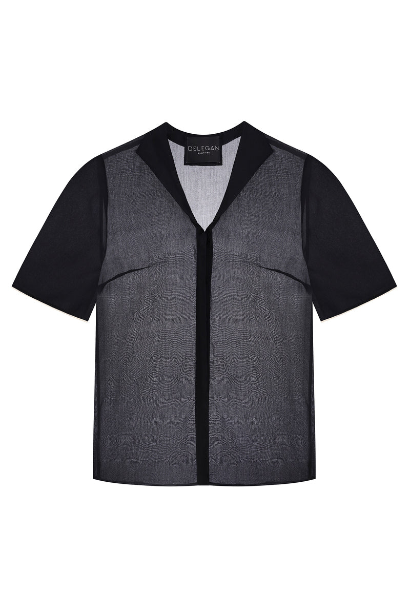 Black shirt with white edging on a ghost mannequin, stylish men's DELEGAN shirt with contrasting trim.