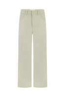 Green velvet gray pants from DELEGAN displayed on a ghost mannequin, showing front view of stylish, soft fabric pants.