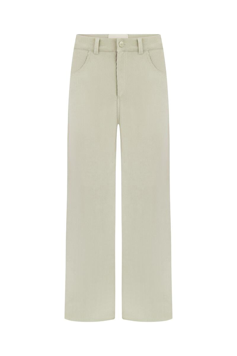 Green velvet gray pants from DELEGAN displayed on a ghost mannequin, showing front view of stylish, soft fabric pants.