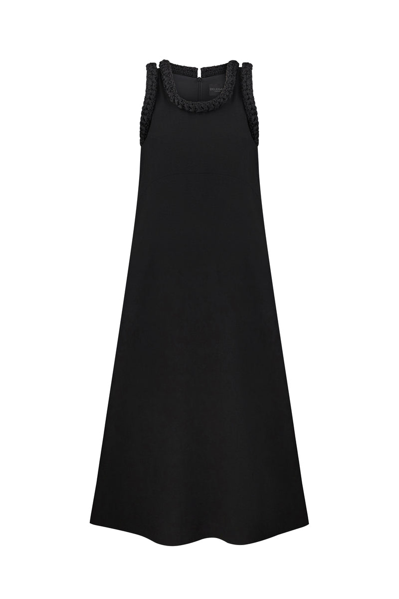 DELEGAN KOSSA Maxi Dress on ghost mannequin, front view showcasing flowy fabric and elegant design.