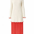 Red blush midi dress by Delegan displayed on ghost mannequin, showcasing front view of elegant, fitted design with soft fabric.