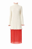 Red blush midi dress by Delegan displayed on ghost mannequin, showcasing front view of elegant, fitted design with soft fabric.
