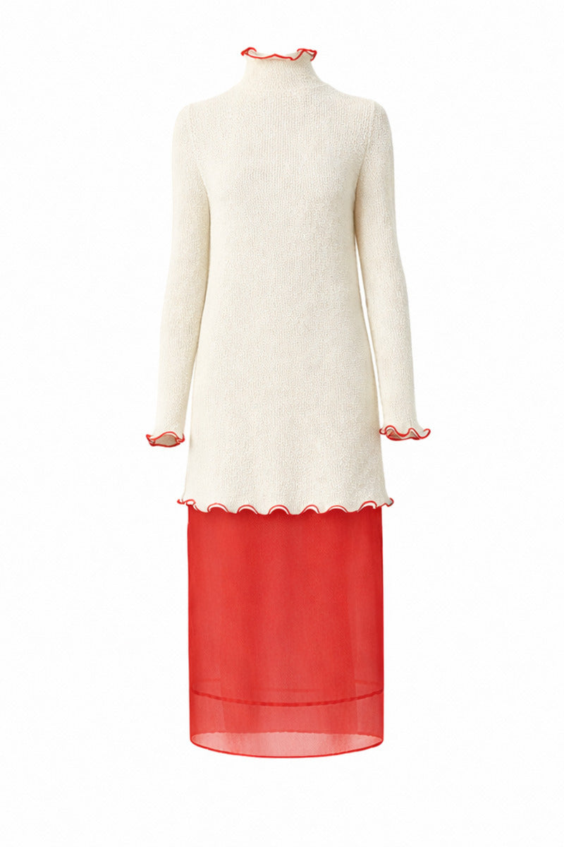 Red blush midi dress by Delegan displayed on ghost mannequin, showcasing front view of elegant, fitted design with soft fabric.