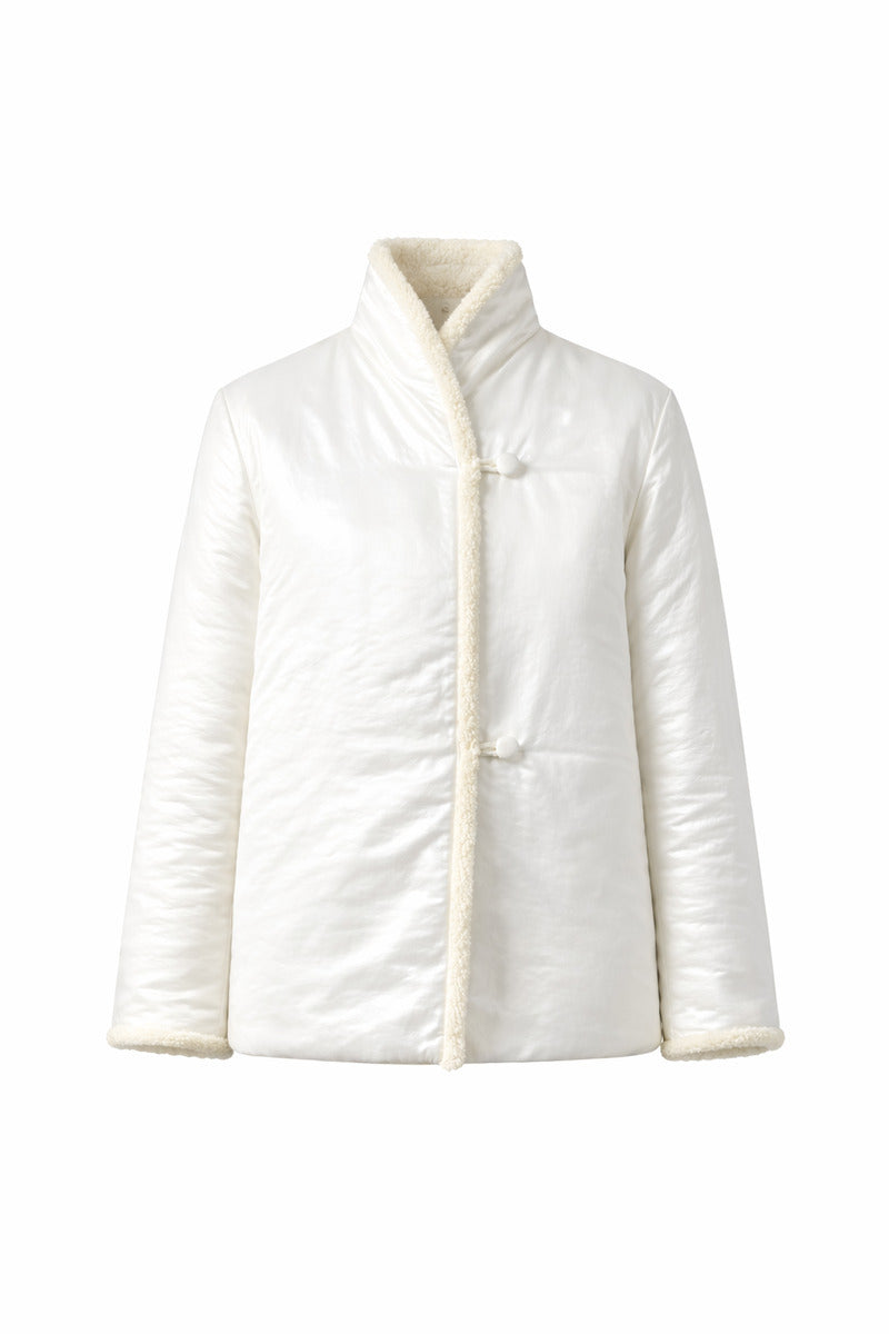 White DELEGAN jacket displayed on a ghost mannequin, showing front view with collar and zipper details.