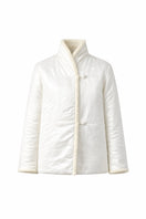 White DELEGAN jacket displayed on a ghost mannequin, showing front view with collar and zipper details.