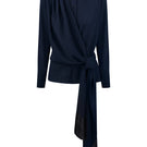 Blue and black belted shirt from DELEGAN displayed on a ghost mannequin, front view showing collar and belt details.