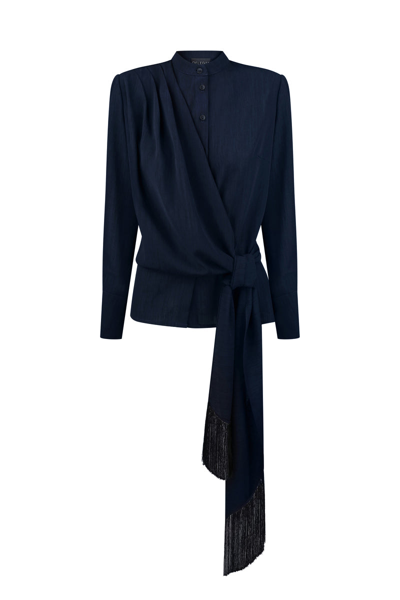 Blue and black belted shirt from DELEGAN displayed on a ghost mannequin front view