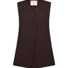 Brown petal vest by Delegan displayed on ghost mannequin, showcasing front view of this stylish vest for women.