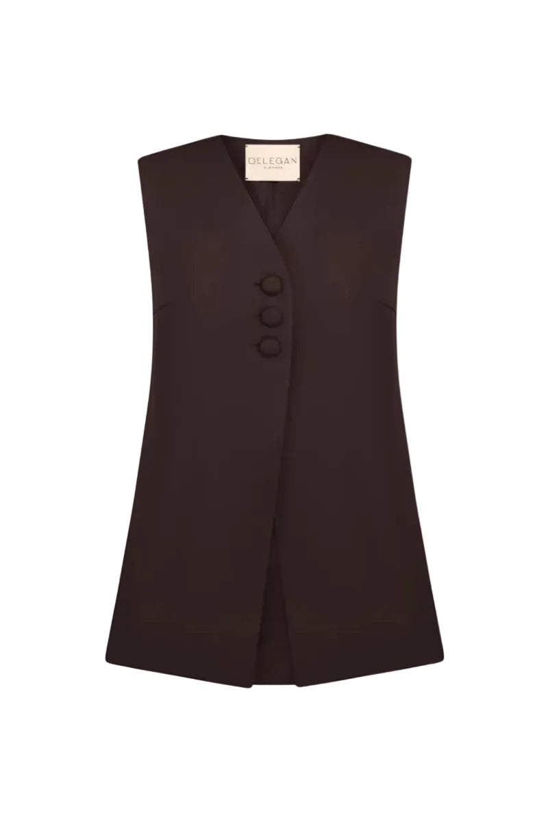 Petal brown vest by DELEGAN displayed on a ghost mannequin, front view showcasing the sleeveless design and textured fabric.