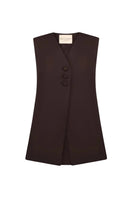 Brown petal vest by Delegan displayed on ghost mannequin, showcasing front view of this stylish vest for women.