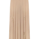Golden nude pleated midi skirt by DELEGAN displayed on a mannequin front, showcasing its flowing fabric and elegant design.