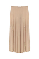 Golden nude pleated midi skirt by DELEGAN displayed on a mannequin front, showcasing its flowing fabric and elegant design.