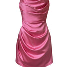 Gigii's Doulzen Iconic Pink Satin Mini Dress displayed on a hanger with a fitted silhouette and shiny satin fabric.