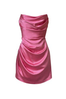 Gigii's Doulzen Iconic Pink Satin Mini Dress displayed on a hanger with a fitted silhouette and shiny satin fabric.