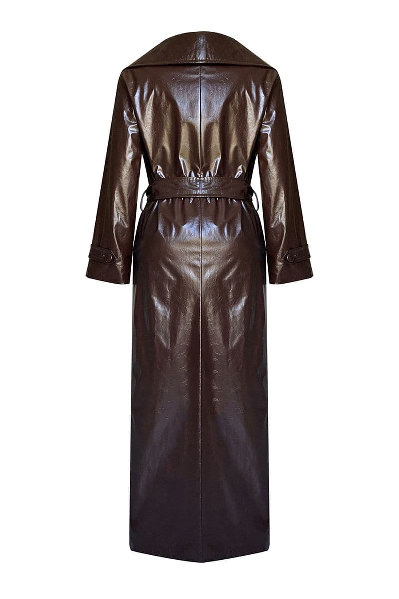 Brown faux leather trench coat by Gigii's, stylish and lightweight, shown on a model with classic collar and belted design.