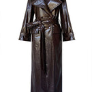 Brown Gabrielle faux leather trench coat by Gigii's, stylish long coat with lapels and belt, perfect for fall and winter fashion.