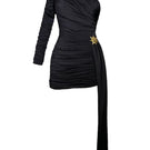 Black Helios one-shoulder mini dress by Gigii's, featuring a fitted silhouette and stylish design.