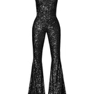 Black RIKA Sequin Flare Jumpsuit by Gigii's, featuring a fitted bodice and wide flare legs, displayed on a mannequin.