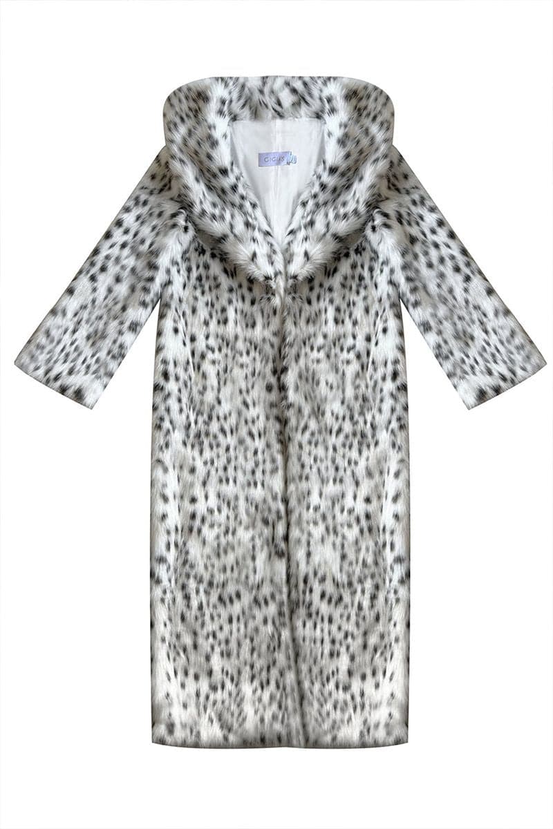 Gigii's Sophia vegan fur coat in black and white, stylish and cozy coat with plush fur texture, perfect for cold weather.