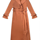 Gigii's Vivienne brown satin trench coat displayed on a hanger, featuring a sleek design and classic camel color.