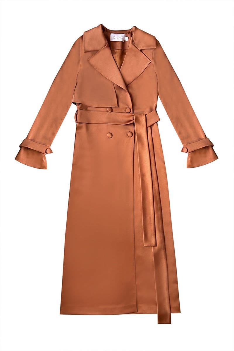 VIVIENNE BROWN SATIN TRENCH COAT | Gigii's | CULT MIA