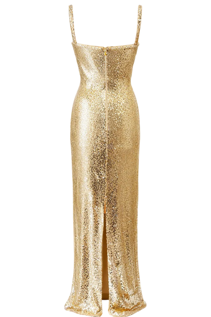 Urban Muse Aurelia gold maxi dress displayed on a hanger, showcasing its elegant flowing fabric and stylish design.