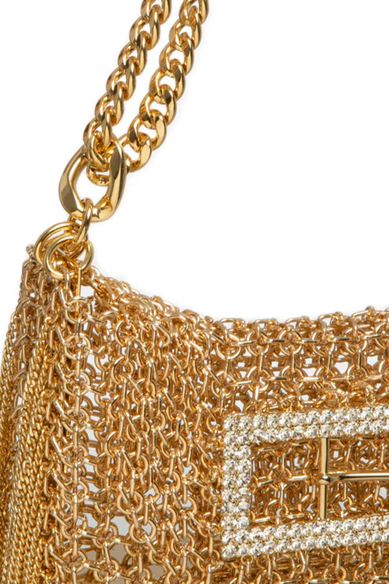 Silvia Gnecchi gold Rodeo shoulder bag with sleek design and gold-tone finish, shown in the image.