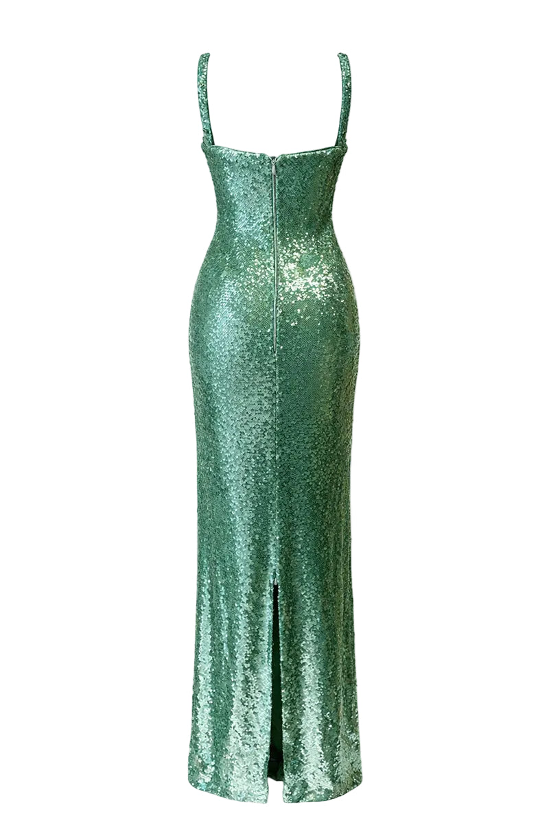 Urban Muse Aurelia green gown with flowing fabric and elegant design, perfect for formal occasions.