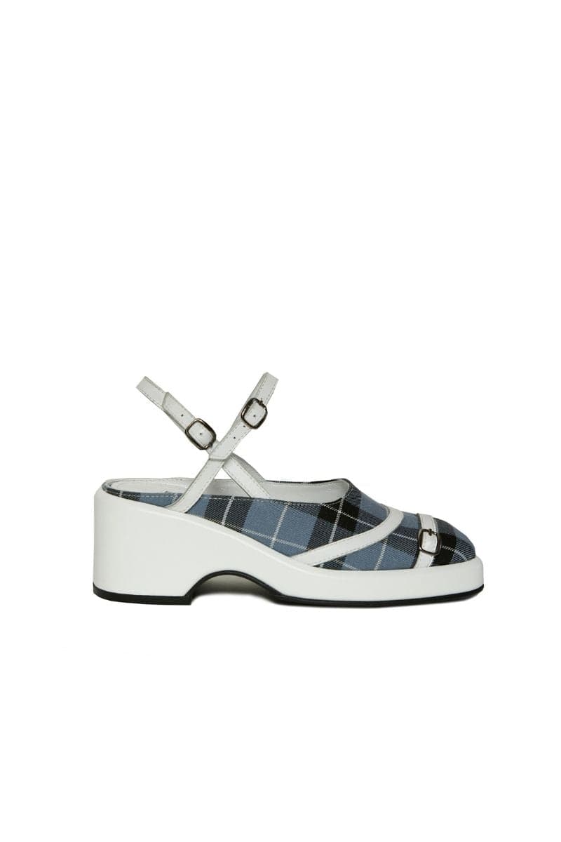 Gvasalia baby blue combined Mary Jane heels with white and grey accents, size EU 36, stylish and comfortable for casual or formal wear.