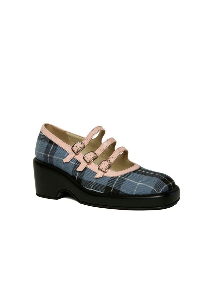 Gvasalia Peachy Combined Mary Jane heels in light baby blue and black with a rounded toe and strap design, EU size 36.