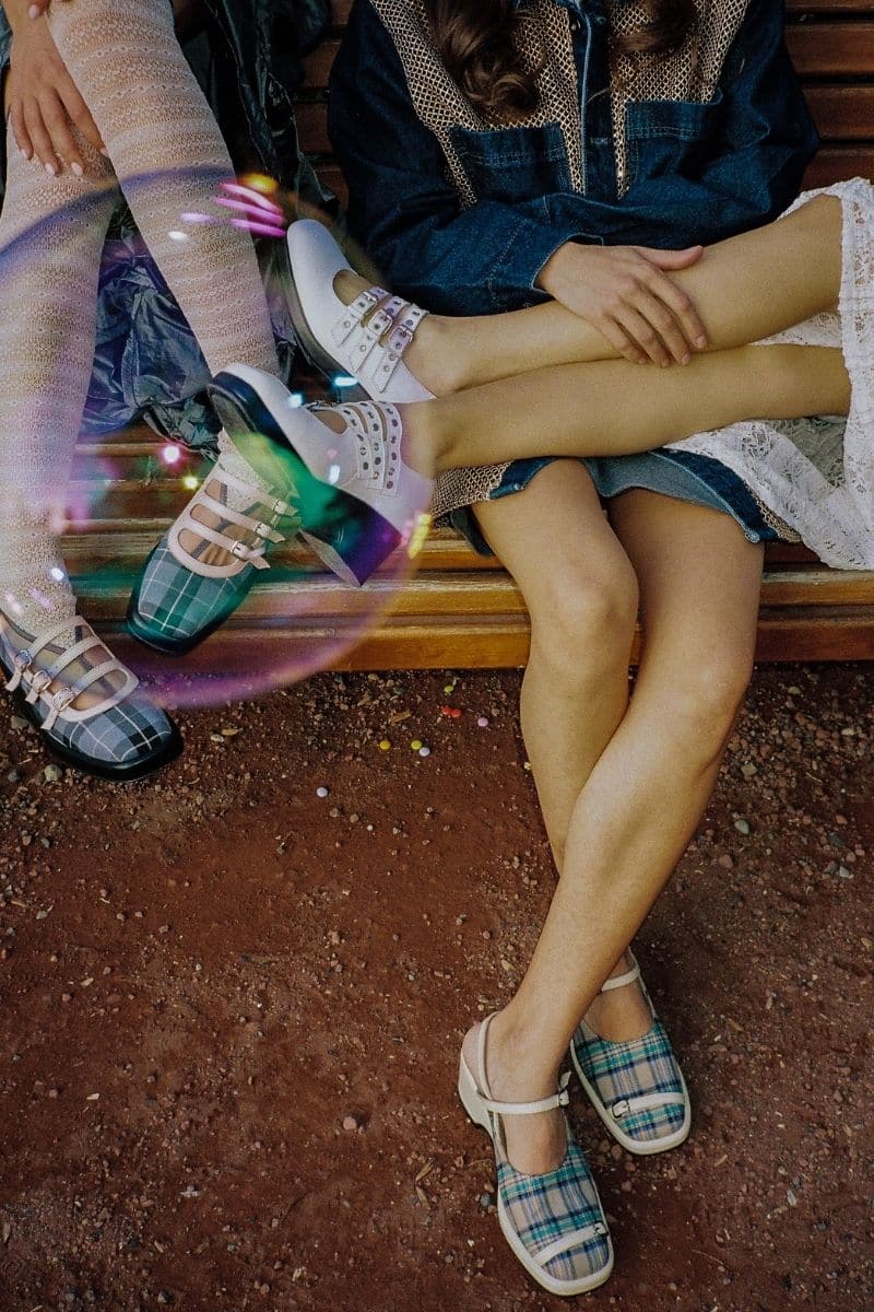 Gvasalia Peachy Combined Mary Jane heels in light blue, peach, and black with ankle straps and a rounded toe on a white background.