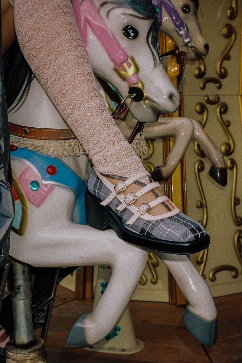 Gvasalia Peachy Combined Mary Jane heels in light baby blue, black, and peach, with rounded toe and strap details, EU size 36.