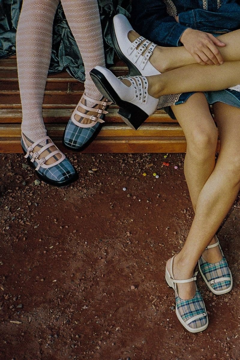Gvasalia Peachy Combined Mary Jane heels in light peach, baby blue, and black, featuring a classic strap design and stylish heel.