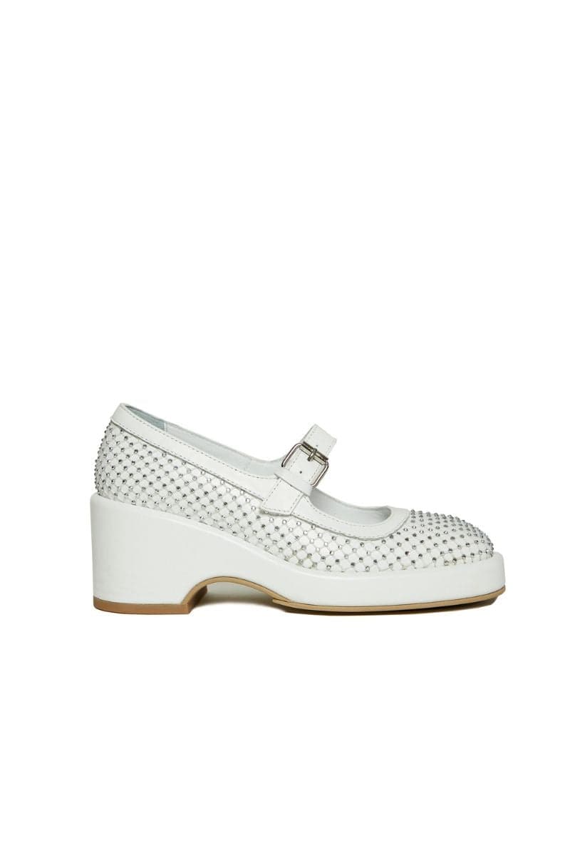 White Gvasalia Mary Jane platform heels with gem accents, stylish and elegant footwear for women.