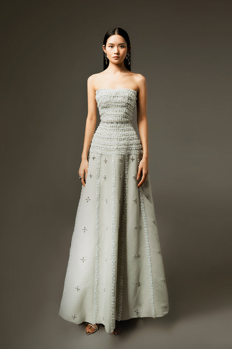 CULT MIA X HAPPY CLOTHING TERRY STRAPLESS STONE ORGANZA MAXI DRESS IN GRAY - CULT MIA