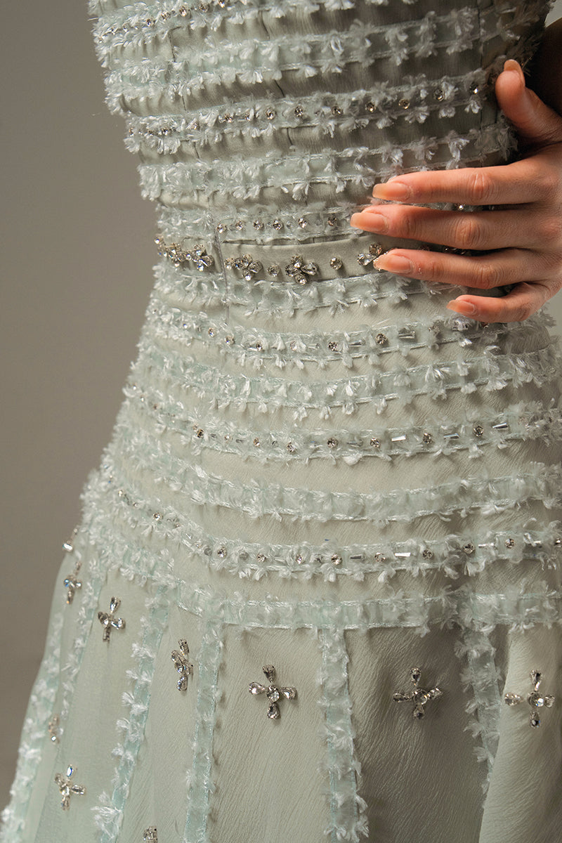 CULT MIA X HAPPY CLOTHING TERRY STRAPLESS STONE ORGANZA MAXI DRESS IN GRAY - CULT MIA