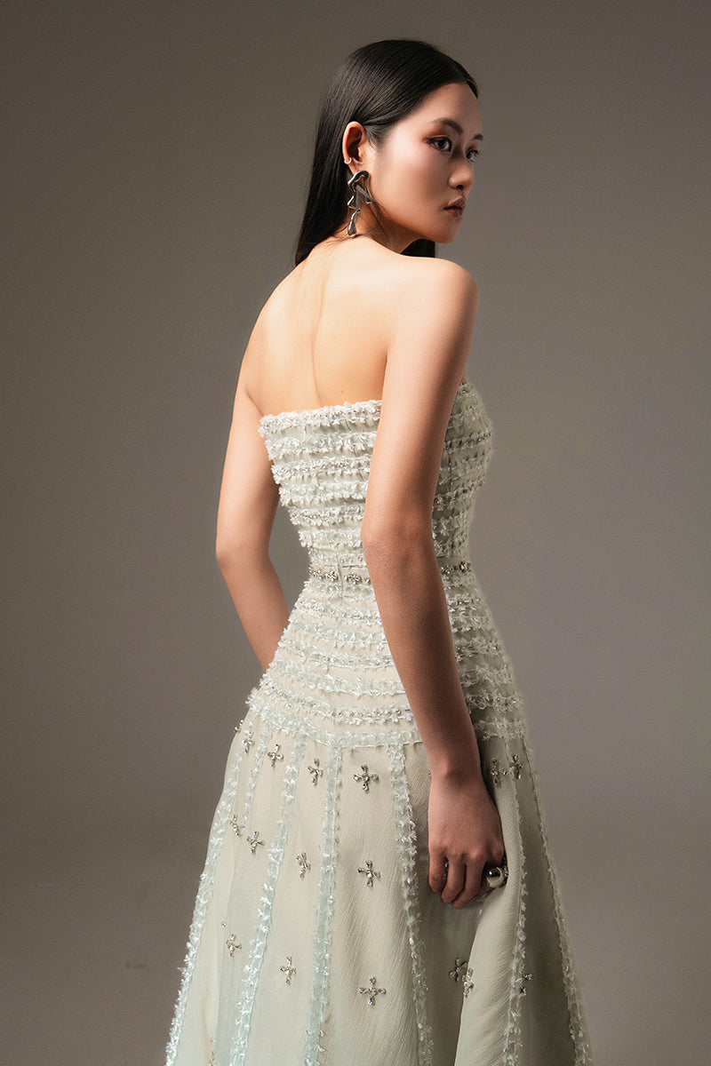 CULT MIA X HAPPY CLOTHING TERRY STRAPLESS STONE ORGANZA MAXI DRESS IN GRAY - CULT MIA