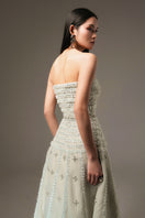 HAPPY CLOTHING CULT MIA X terry strapless gown in soft mint gray with stone organza fabric, elegant and flowing design.