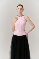 Elegant halter neck A-line gown by Happy Clothing, featuring flowing fabric and a flattering silhouette for formal occasions.