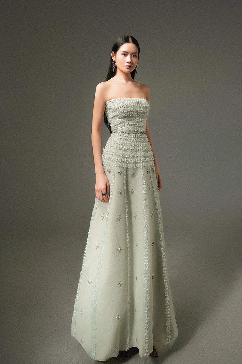 gray strapless maxi dress TIBI SILVER SEQUIN STRAPLESS MAXI DRESS | CULT MIA